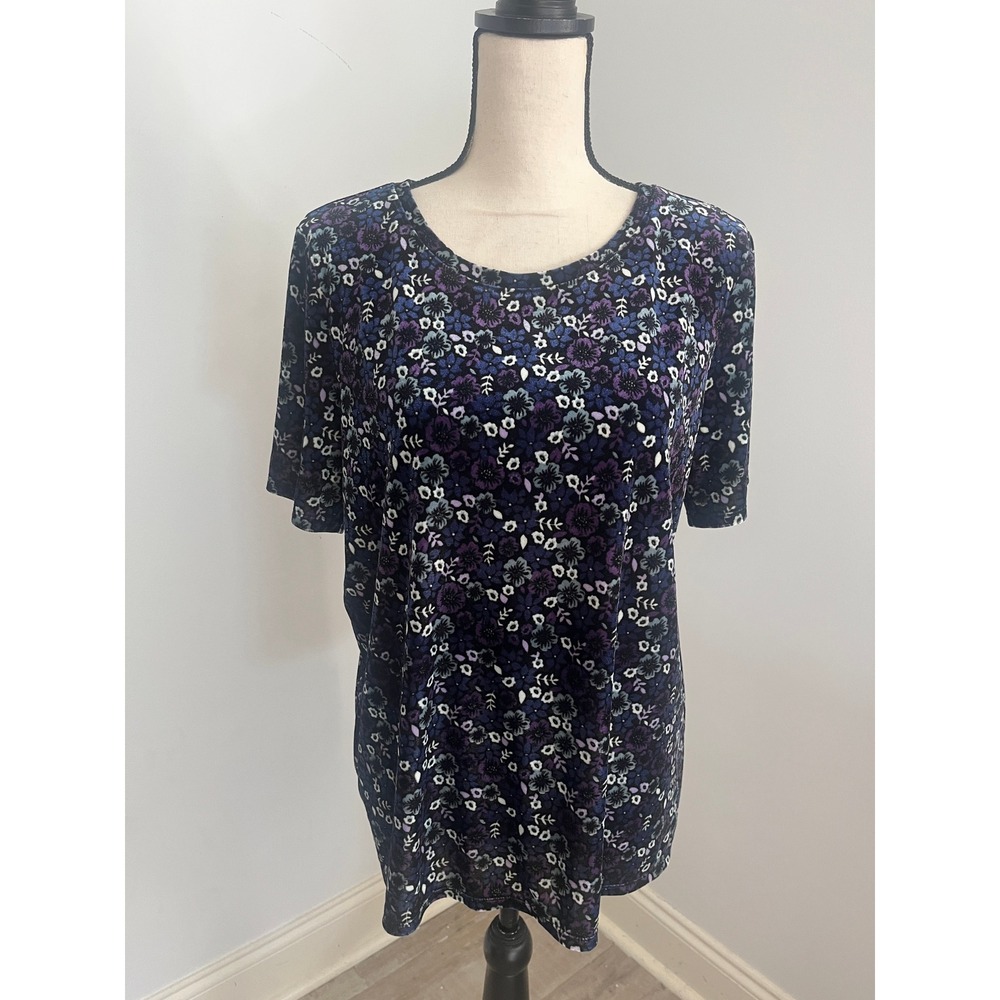Loft Floral Velvet Short Sleeve Top XL Purple Blue Soft Goth Vamp Jewel Tone Tee